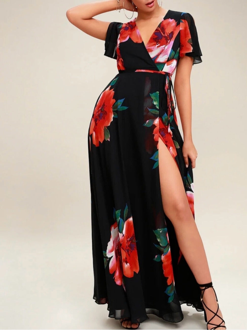 Lulu's Black Maxi Dress with Red Floral Print
